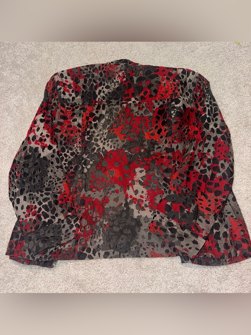 Ruby Rd. Red Black Gray Printed Button-Front Jean Jacket - Picture 2 of 5
